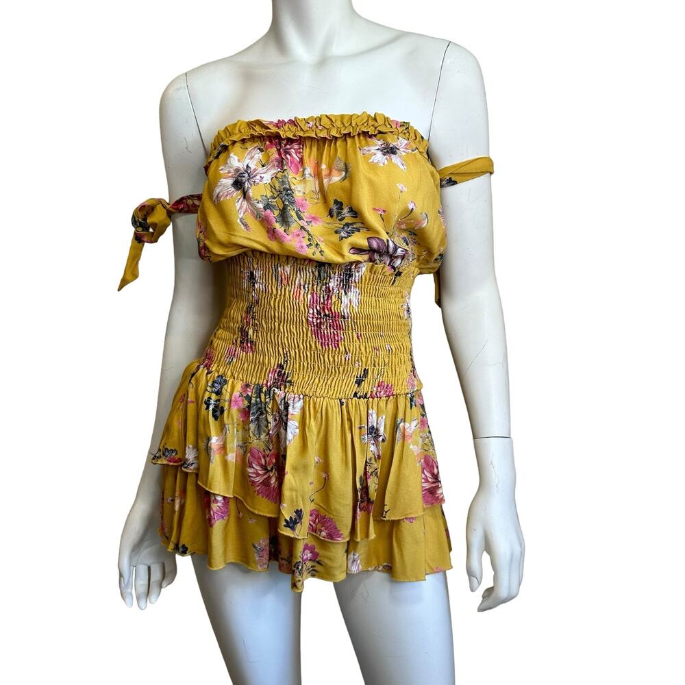 Blue Life Yellow Floral Smocked Waist Ballerina Romper sz XS NWT $180 - Picture 12 of 12